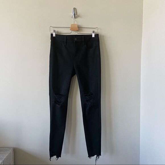 American Eagle-Hi Rise Black Distressed Jeggings (Size:6) - Picture 1 of 12